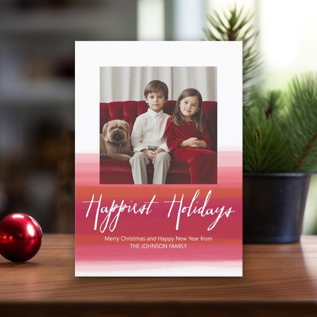Happiest Holidays Modern Watercolor 1 Photo red Holiday Card (Online Christmas Card - Print and Download Options)