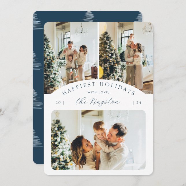 Happiest Holidays | Navy Blue 3 Photo Rounded Holiday Card (Front/Back)