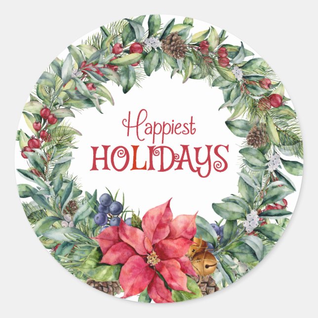 Happiest Holidays Poinsettia Classic Round Sticker (Front)