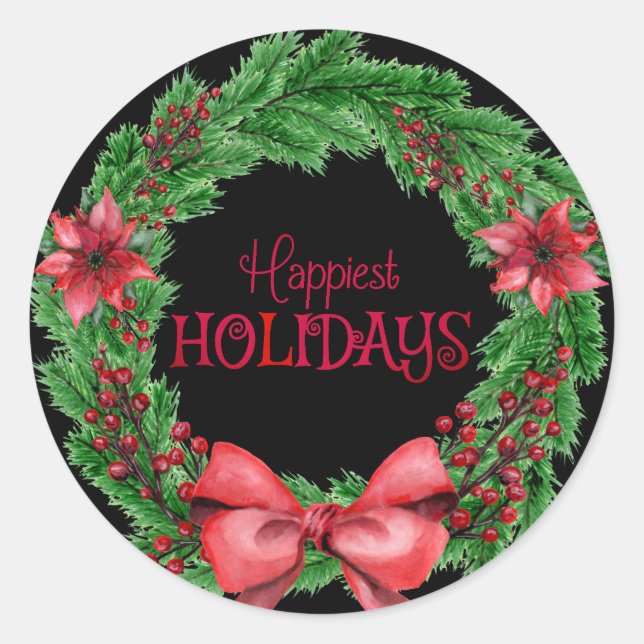 Happiest Holidays Poinsettia Classic Round Sticker (Front)