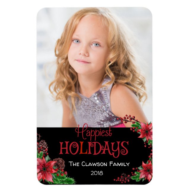 Happiest Holidays Poinsettia Family Photo Magnet (Vertical)