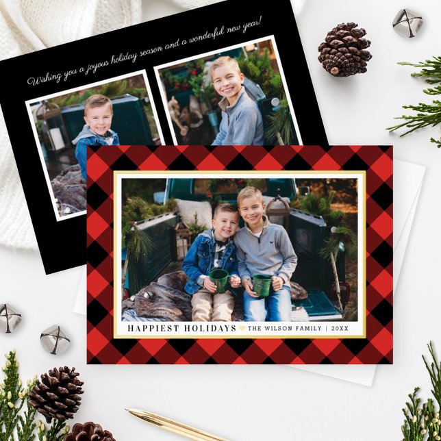 Happiest Holidays Red Buffalo Plaid Photo Gold Foil Holiday Card (Creator Uploaded)
