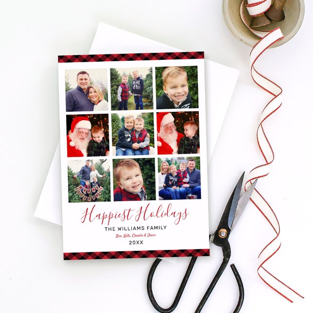 Happiest Holidays Red Plaid Photo Collage Holiday Card (Creator Uploaded)