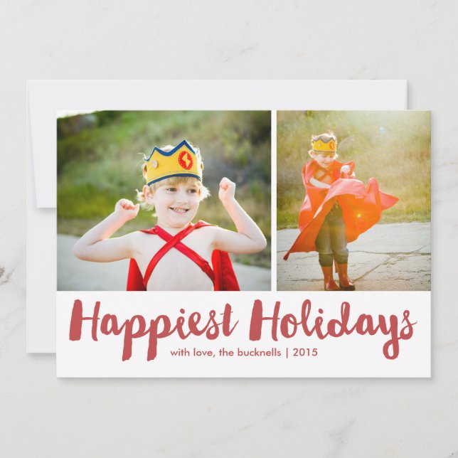 Happiest Holidays Red Script Christmas MultiPhoto Holiday Card (Front)