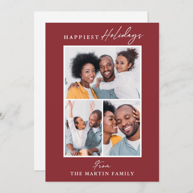 Happiest Holidays Red Three Photo Collage Holiday Card (Front/Back)
