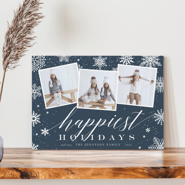 Happiest Holidays | Snowflake 3 Photo Collage Holiday Card (Creator Uploaded)