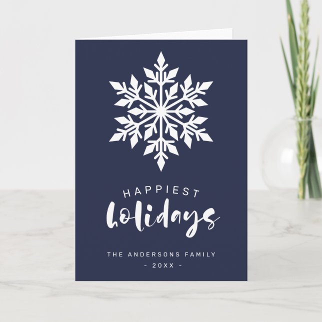 Happiest Holidays Snowflake Custom Blue Business Holiday Card (Front)