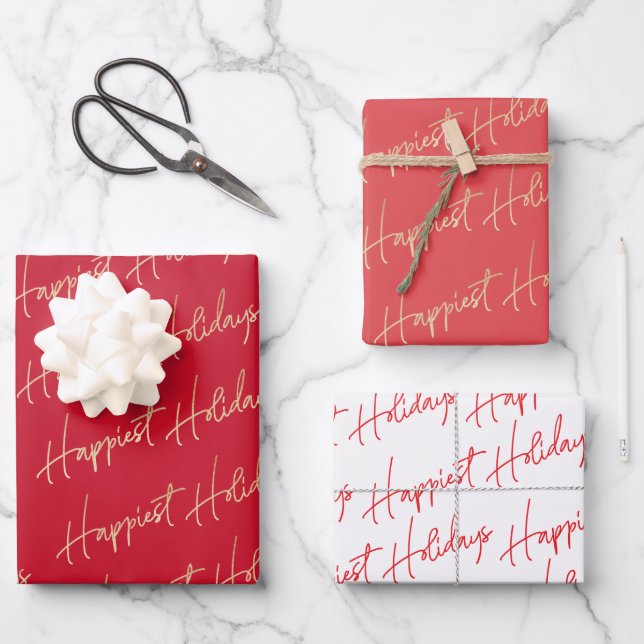 Happiest Holidays Text Wrapping Paper Sheet (Front)