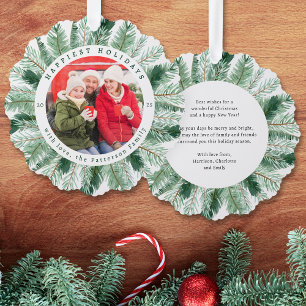 Happiest Holidays Watercolor Floral Wreath Photo Tree Decoration Card