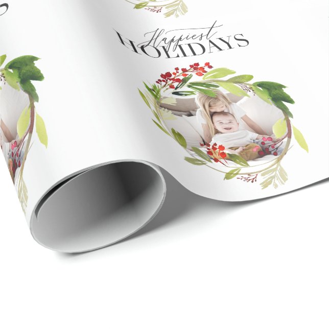 Happiest Holidays watercolor foliage photo Wrapping Paper (Roll Corner)