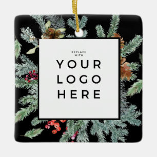 Happiest Holidays Wreath Holly Your Company Logo Ceramic Ornament