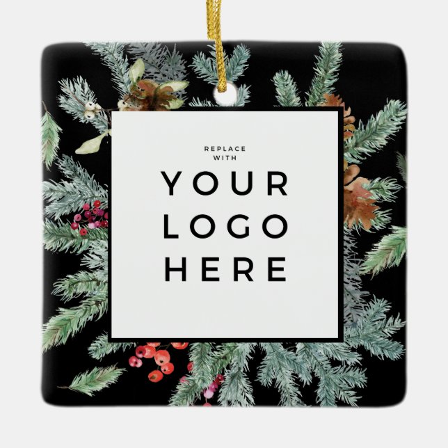 Happiest Holidays Wreath Holly Your Company Logo Ceramic Ornament (Front)