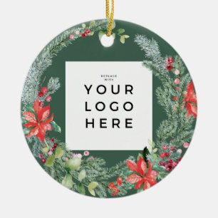 Happiest Holidays Wreath Holly Your Company Logo Ceramic Tree Decoration
