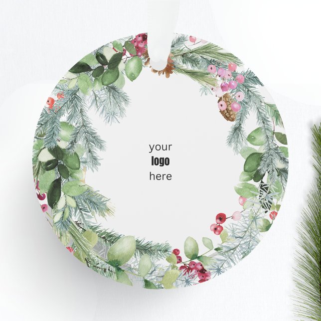 Happiest Holidays Wreath Holly Your Company Logo Ornament (Creator Uploaded)