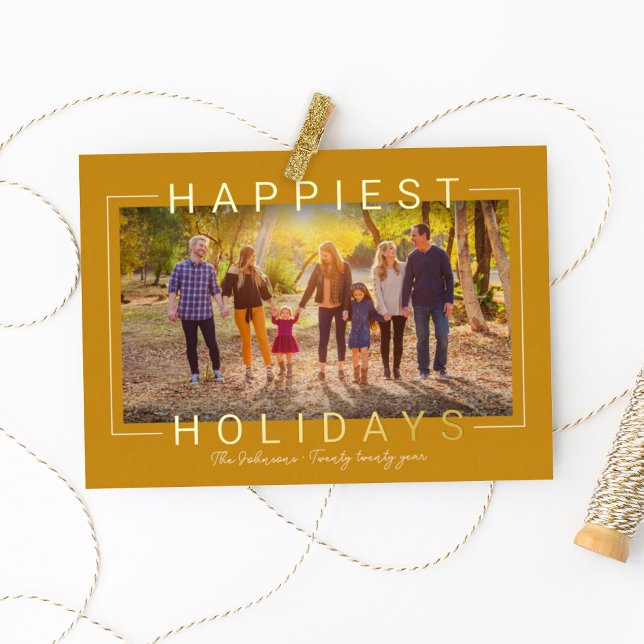 Happiest Modern Gold Text Golden Yellow Photo Foil Holiday Card (Creator Uploaded)