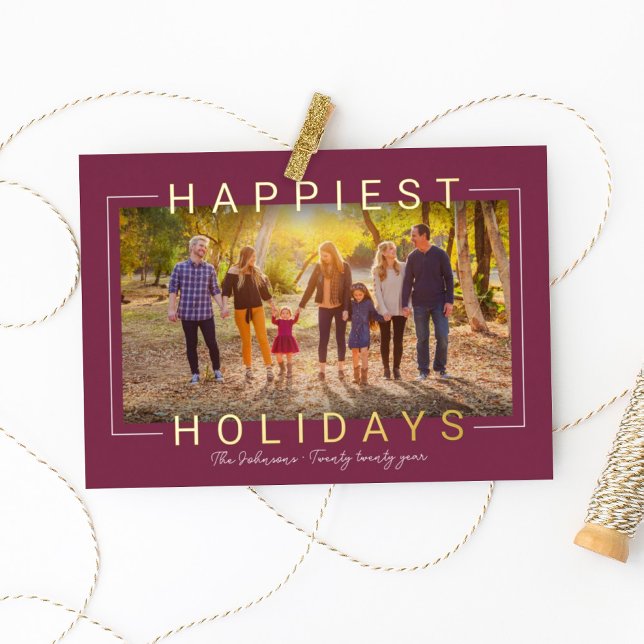 Happiest Modern Gold Text Wine Red Photo Foil Holiday Card (Creator Uploaded)