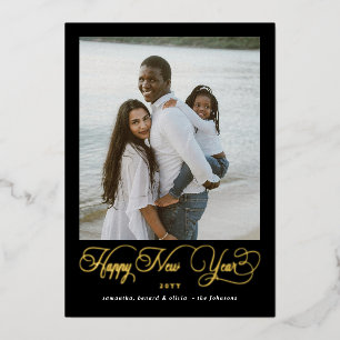 Happiest New Year Elegant Script Family 4 Photo Foil Holiday Card