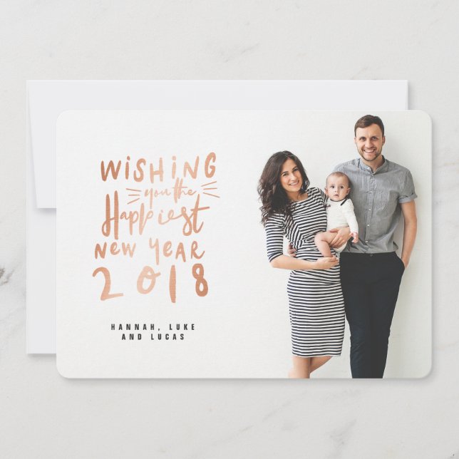 HAPPIEST NEW YEAR (FULL BLEED PHOTO)ROSE GOLD HOLIDAY CARD (Front)