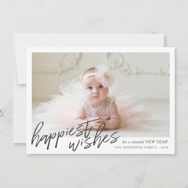 Happiest New Year Wishes Handwritten Framed Photo Holiday Card (Front)