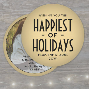Happiest of Holidays Deco Typography Round Photo Holiday Card