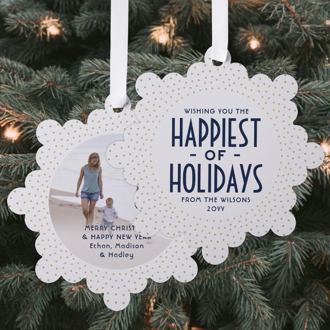 Happiest of Holidays Navy & Gold Confetti Photo Tree Decoration Card (Creator Uploaded)