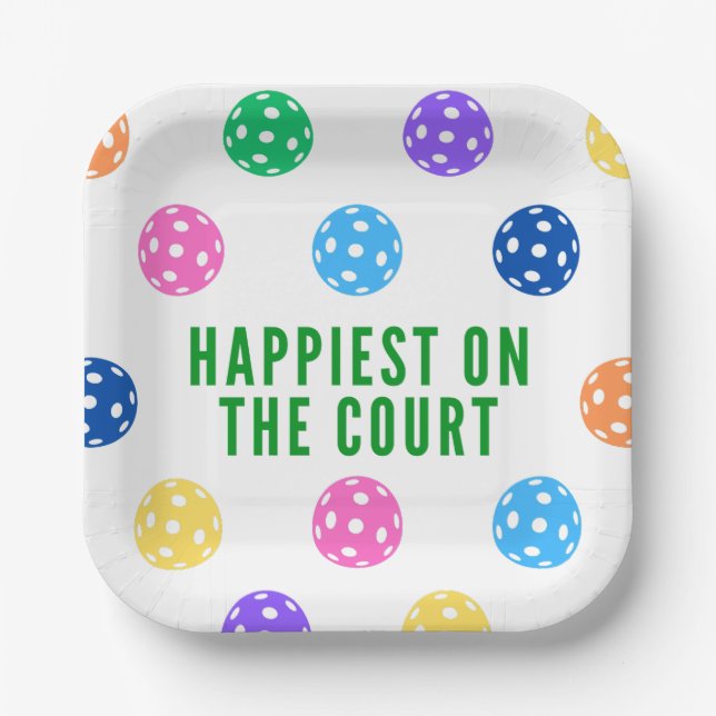 Happiest on the Court Pickleball Paper Plate (Front)