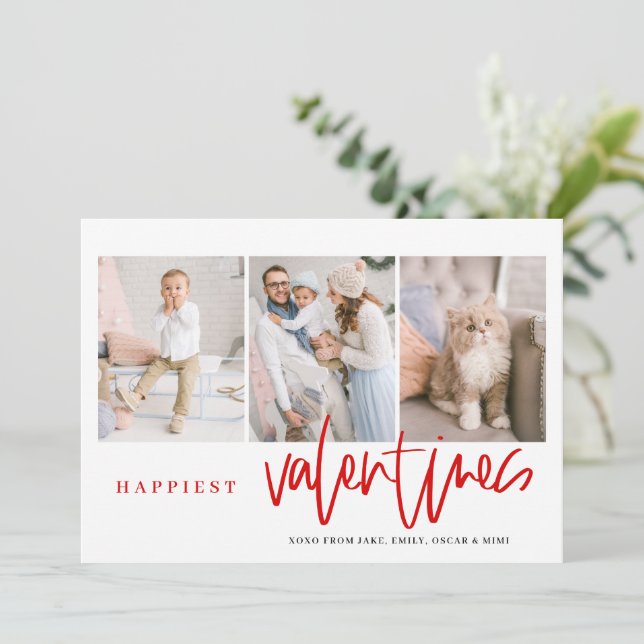 Happiest Valentines Red Lettering Photo Collage Holiday Card (Standing Front)