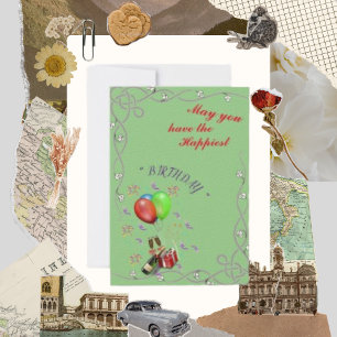  Happiest Wine and Balloon  Birthday Greeting Card