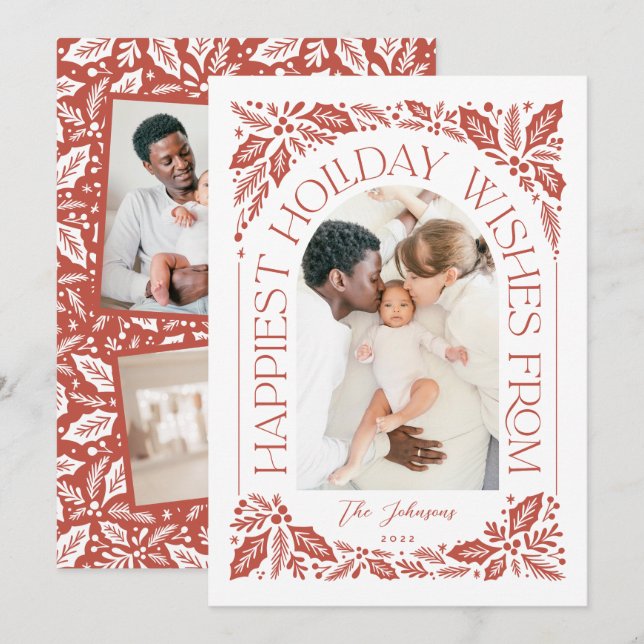 Happiest Wishes Arch Holly Berry 3 Photo Collage Holiday Card (Front/Back)