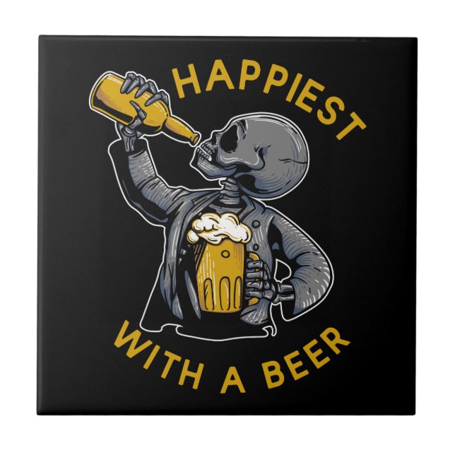 happiest with a beer with skeleton carrying a cup  tile (Front)