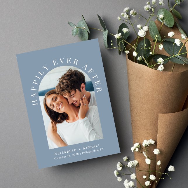 Happily Ever After Arch Photo Dusty Blue Wedding Invitation (Creator Uploaded)