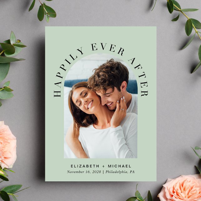 Happily Ever After Arch Photo Sage Wedding Invitation (Creator Uploaded)