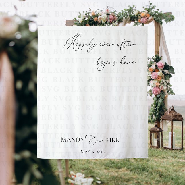 Happily Ever After Begins Here Wedding Backdrop  Tapestry (happily ever after begins here wedding backdrop banner)
