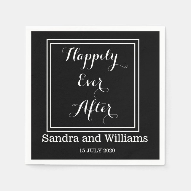 'Happily Ever After'-Black And White Personalised Napkin (Front)