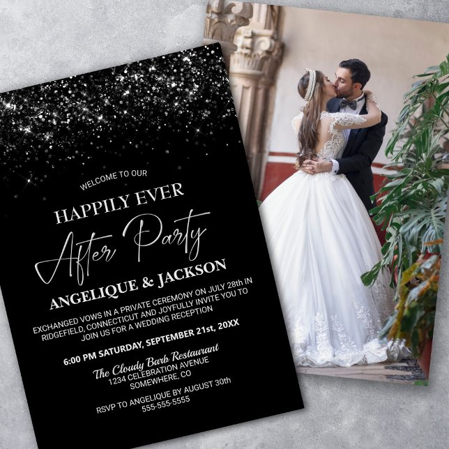 Happily Ever After Black Glitter Wedding Reception Invitation (Creator Uploaded)