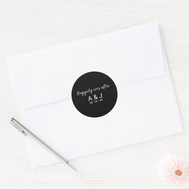 Happily Ever After Black White Monogrammed Wedding Classic Round Sticker (Envelope)