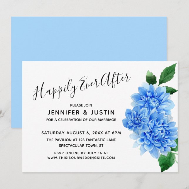 Happily Ever After Blue Painted Dahlias Reception Invitation (Front/Back)