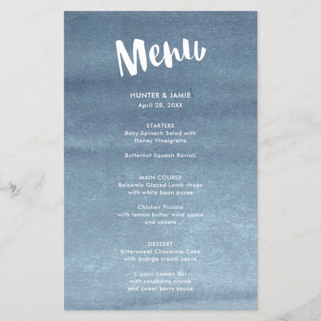 Happily Ever After Blue Watercolor Wedding Menu (Front)
