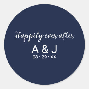 Happily Ever After Blue White Monogrammed Wedding Classic Round Sticker