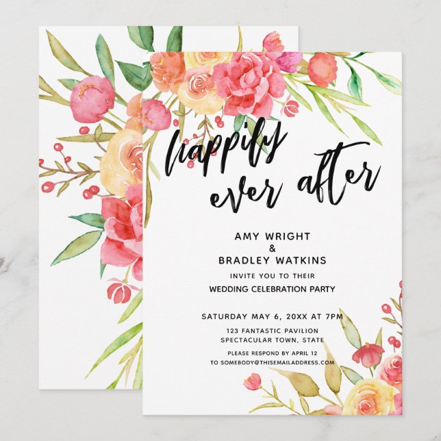 Happily Ever After Boho Flowers Wedding Reception Invitation (Front/Back)