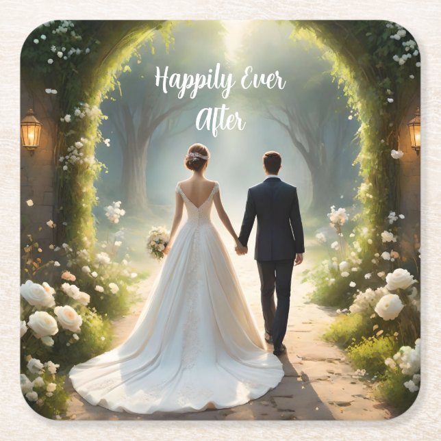 Happily Ever After Bride And Groom,  Square Paper Coaster (Front)