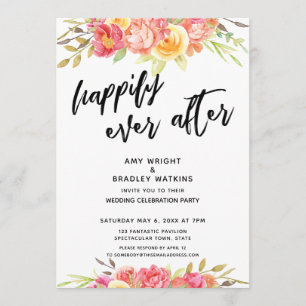 Happily Ever After Bright Floral Wedding Reception Invitation