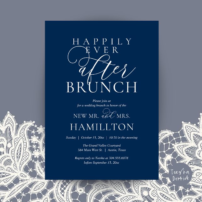 Happily Ever After Brunch Modern Post Wedding Invitation (Happily Ever After Brunch Modern Post Wedding Invitation Card in Navy Blue)