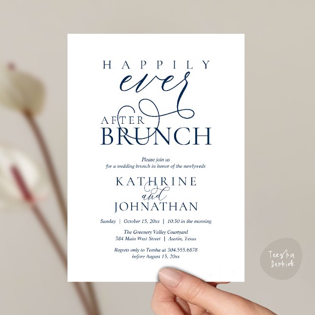 Happily Ever After Brunch Post Wedding Elopement Invitation (Happily Ever After Brunch Post Wedding Elopement Reception Invitation Card in Navy Blue)