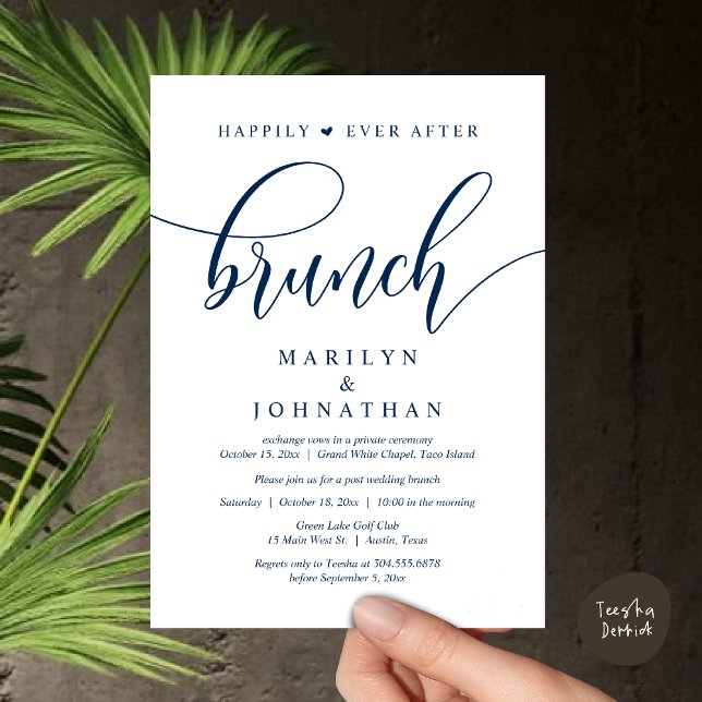 Happily Ever After Brunch, Post Wedding Invitation (Happily Ever After Lunch, Wedding Party Invitation Card PDF Modern Beautiful Navy Blue)