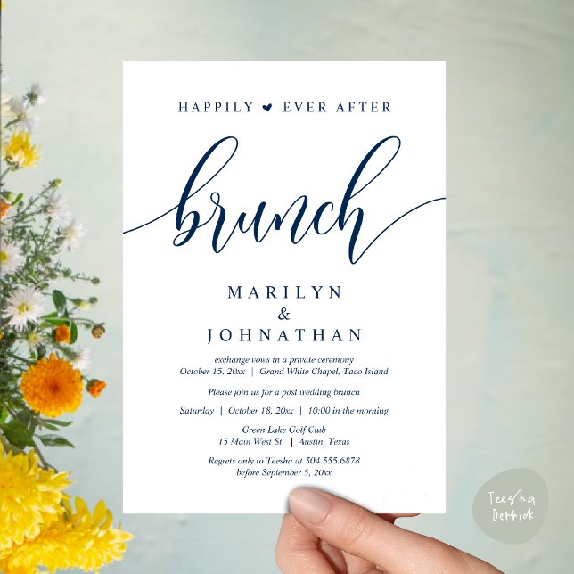 Happily Ever After Brunch, Post Wedding Invitation (Happily Ever After Lunch, Wedding Party Invitation Card PDF Modern Beautiful Navy Blue)