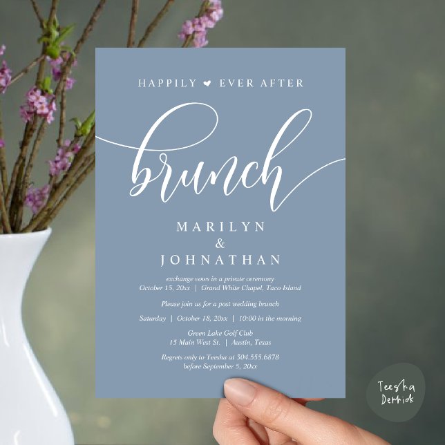 Happily Ever After Brunch, Post Wedding Invitation (Happily Ever After Brunch, Wedding Party Invitation Card PDF Modern Beautiful Dusty Blue)
