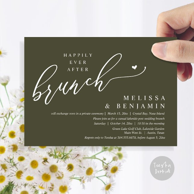 Happily Ever After Brunch Wedding Elopement Invitation (Happily Ever After Brunch, Modern Romantic Heart Wedding Elopement Card, PDF, in Olive Green)