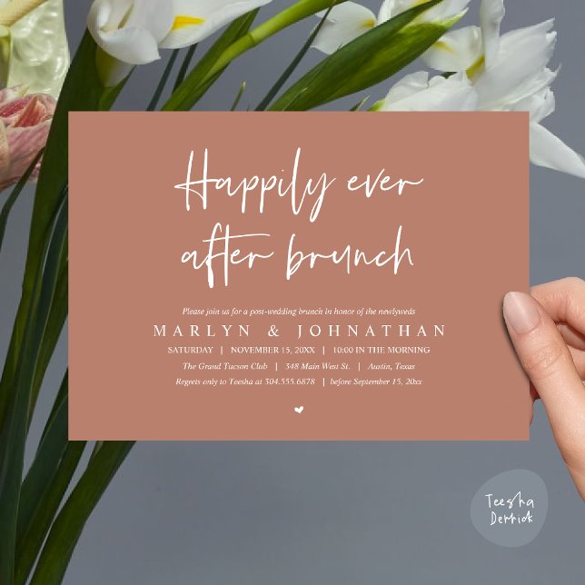 Happily Ever After Brunch, Wedding Elopement Invitation (Happily Ever After Brunch, Modern Romantic Post Wedding Invitation Card, PDF, Earthy Brown)