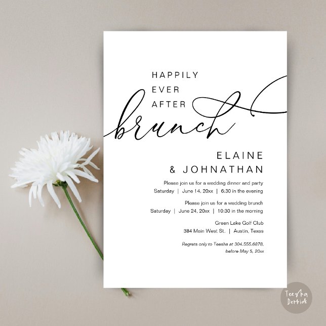 Happily Ever After Brunch, Wedding Elopement Party Invitation (Happily Ever After Brunch Invitation Card, PDF, in Modern Romantic Script, Black and White)